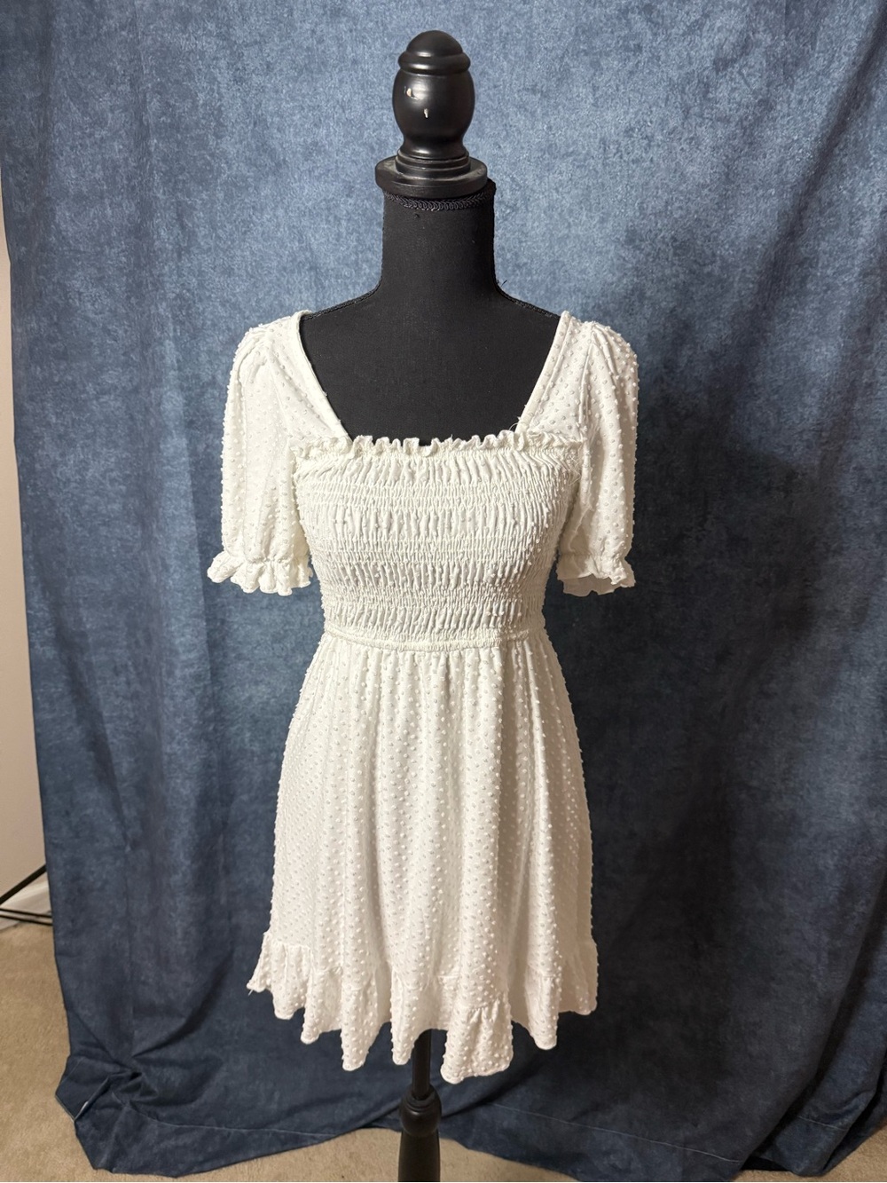 Everbloom White Smocked Swiss Dot Mini Dress